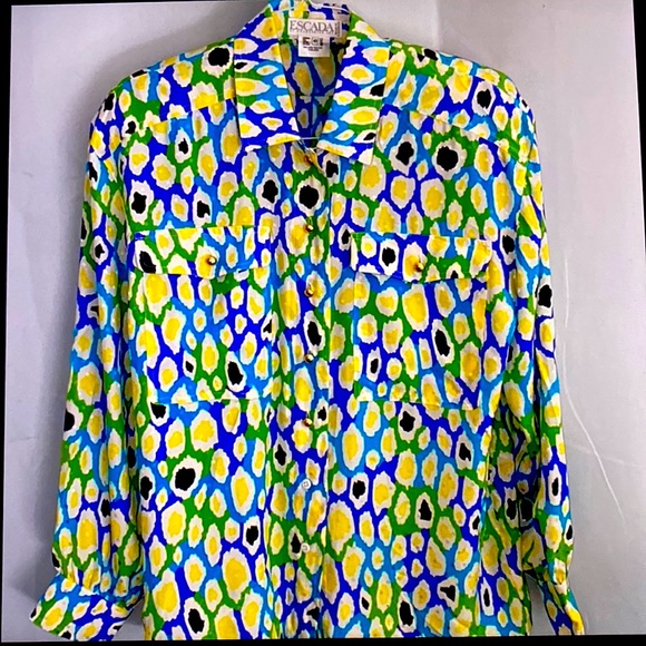 Escada Beautiful 💯 Silk Great Color Combination Shiny Polka Dots Blouse NotUsed